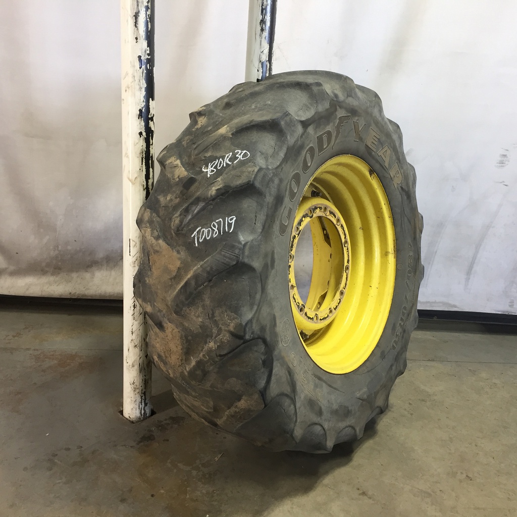 480/70R30 Goodyear Farm DT810 Super Traction R-1W on John Deere Yellow 12-Hole Waffle Wheel (Groups of 2 bolts) 15%