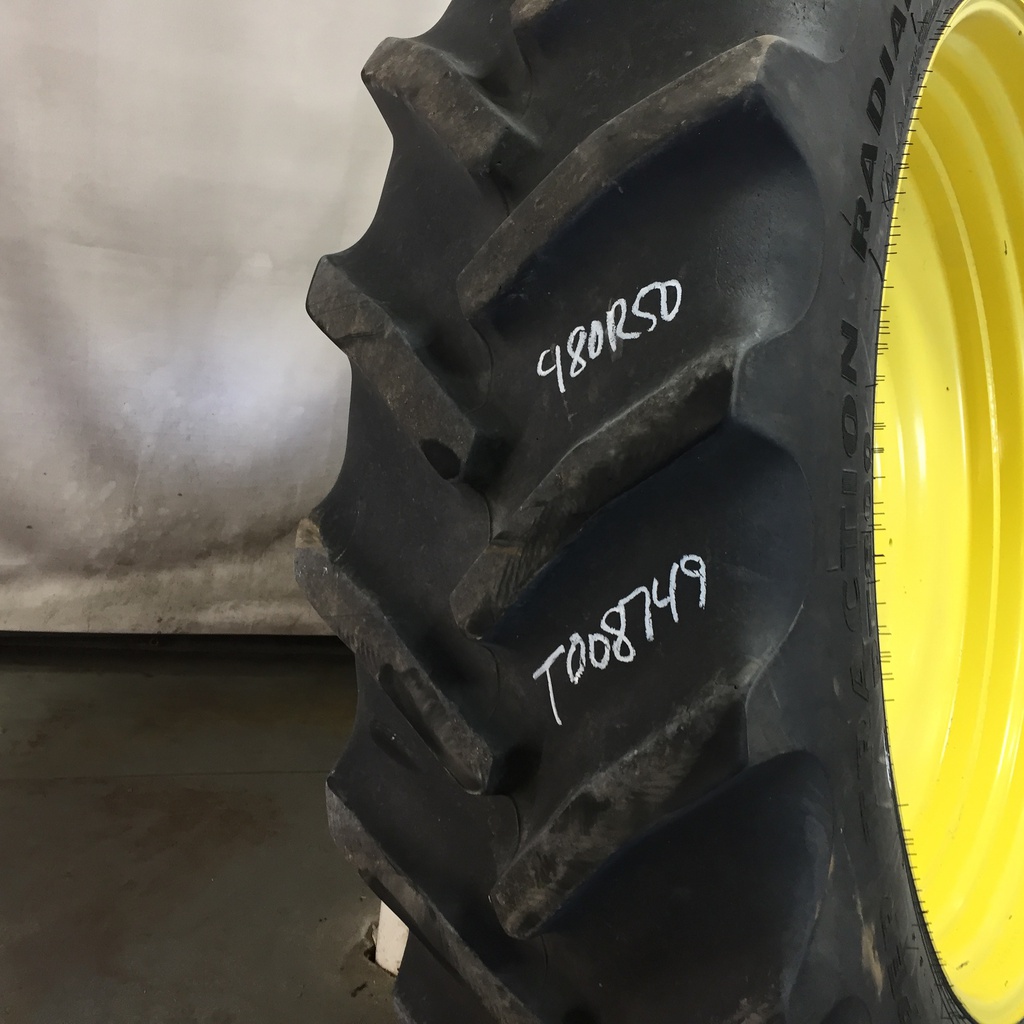 480/80R50 Goodyear Farm DT800 Super Traction R-1W on John Deere Yellow 10-Hole Formed Plate W/Weight Holes 70%