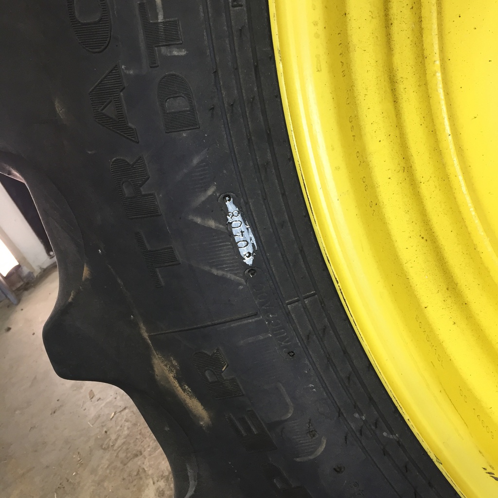 480/80R50 Goodyear Farm DT800 Super Traction R-1W on John Deere Yellow 10-Hole Formed Plate W/Weight Holes 70%