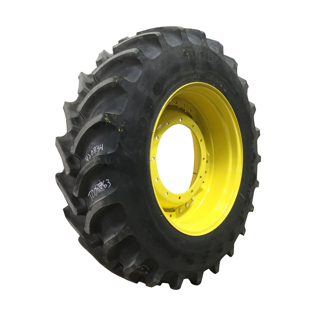 420/85R34 Firestone Radial All Traction DT R-1W on John Deere Yellow 12-Hole Waffle Wheel (Groups of 3 bolts) 99%