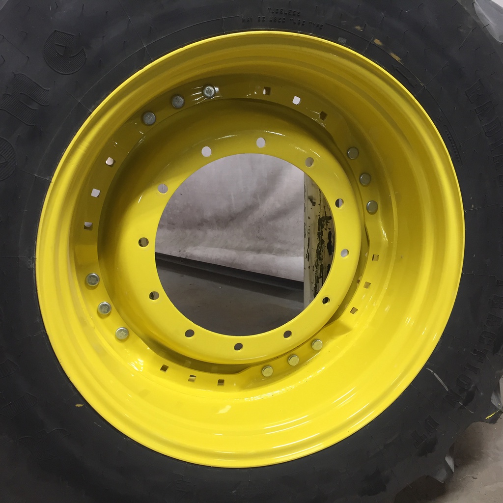 420/85R34 Firestone Radial All Traction DT R-1W on John Deere Yellow 12-Hole Waffle Wheel (Groups of 3 bolts) 99%