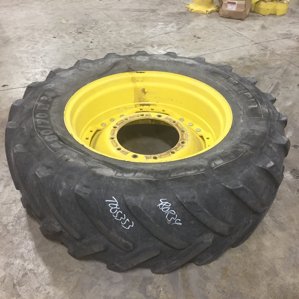 480/70R34 Michelin OmniBib R-1W on John Deere Yellow 10-Hole Waffle Wheel (Groups of 3 bolts) 30%