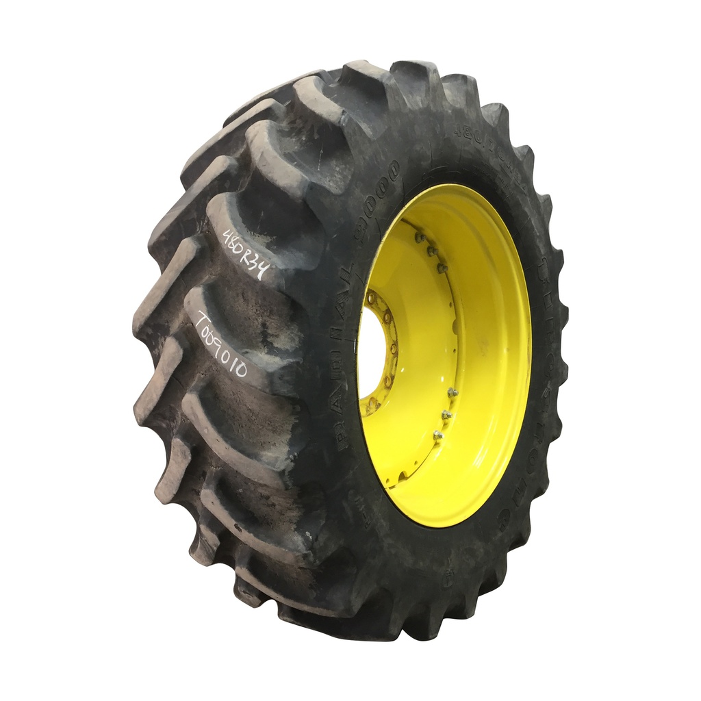 480/70R34 Firestone Radial 9000 R-1W on John Deere Yellow 10-Hole Waffle Wheel (Groups of 3 bolts) 80%
