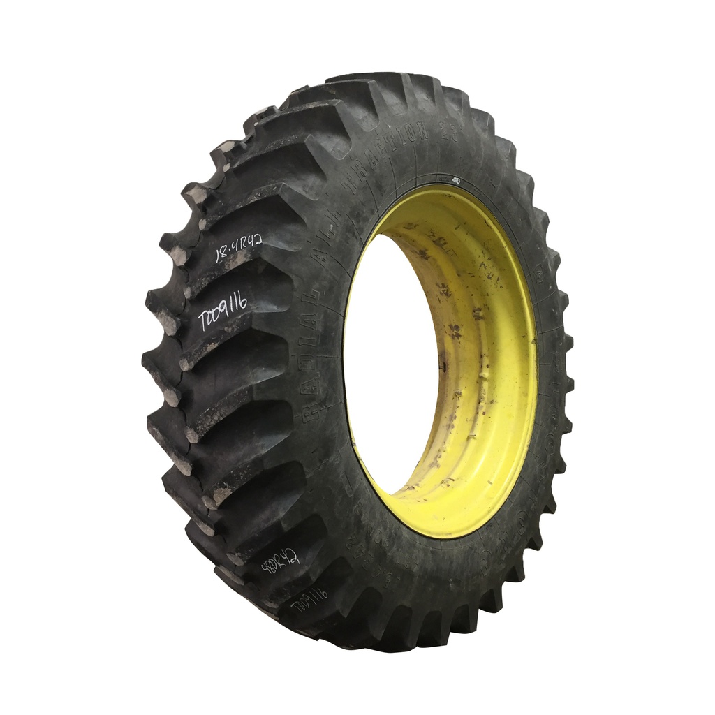 480/80R42 Firestone Radial All Traction 23 R-1 on John Deere Yellow 0-Hole Double Bevel 38" Cast 70%