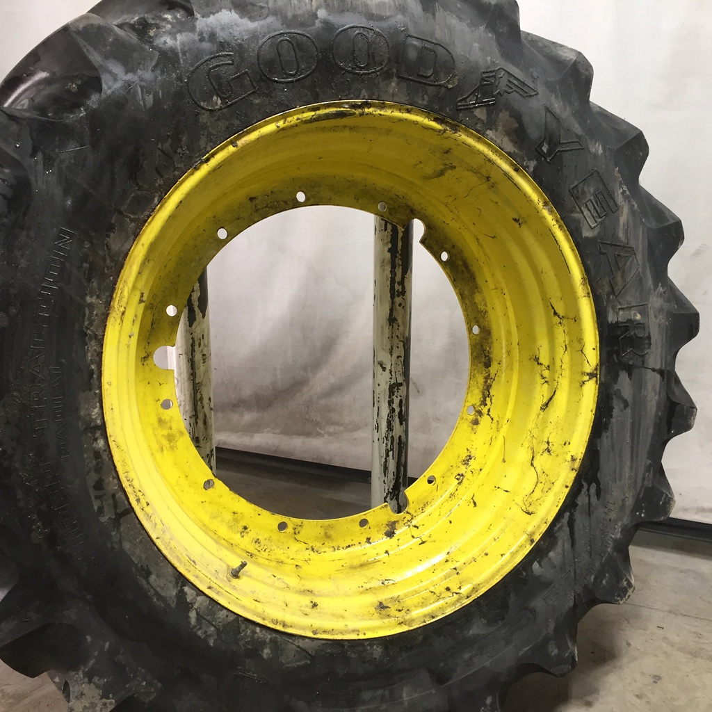 18.4/R42 Goodyear Farm Super Traction Radial R-1W on John Deere Yellow 12-Hole Stub Disc 90%