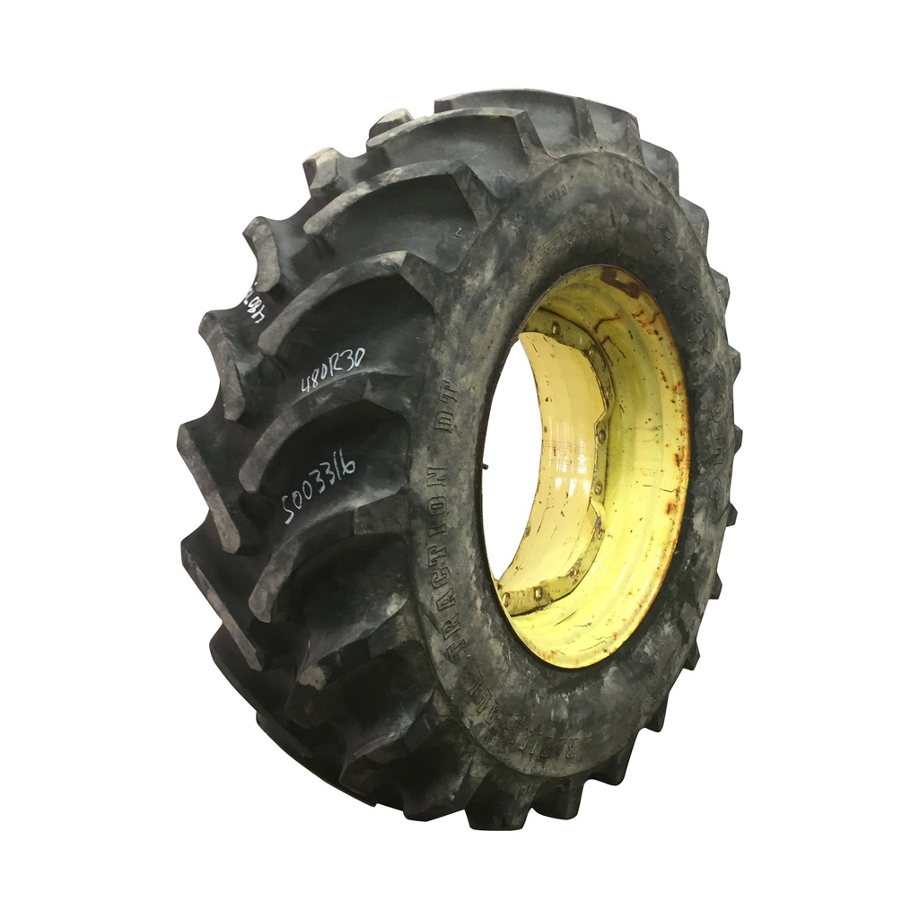 480/70R30 Firestone Radial All Traction DT R-1W on John Deere Yellow 8-Hole Waffle Wheel (Groups of 2 bolts) 95%