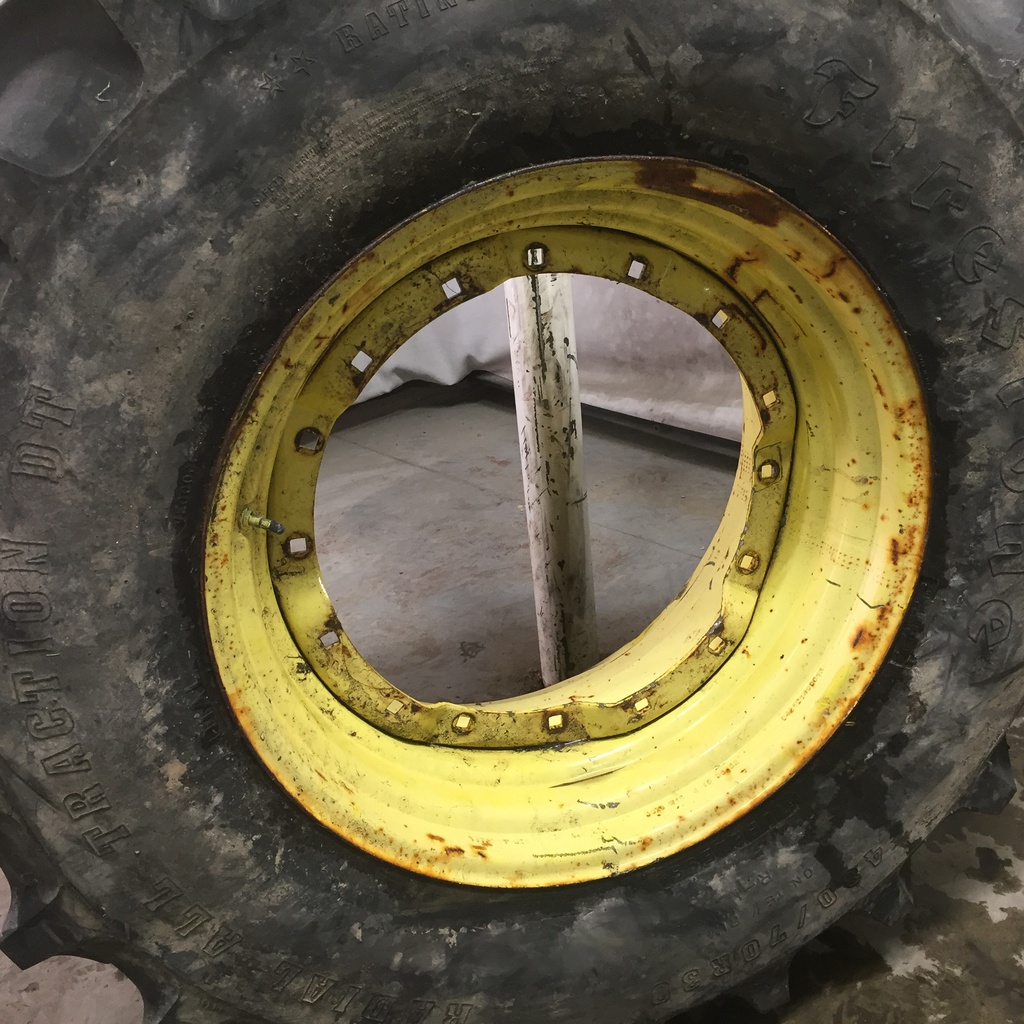 480/70R30 Firestone Radial All Traction DT R-1W on John Deere Yellow 8-Hole Waffle Wheel (Groups of 2 bolts) 95%