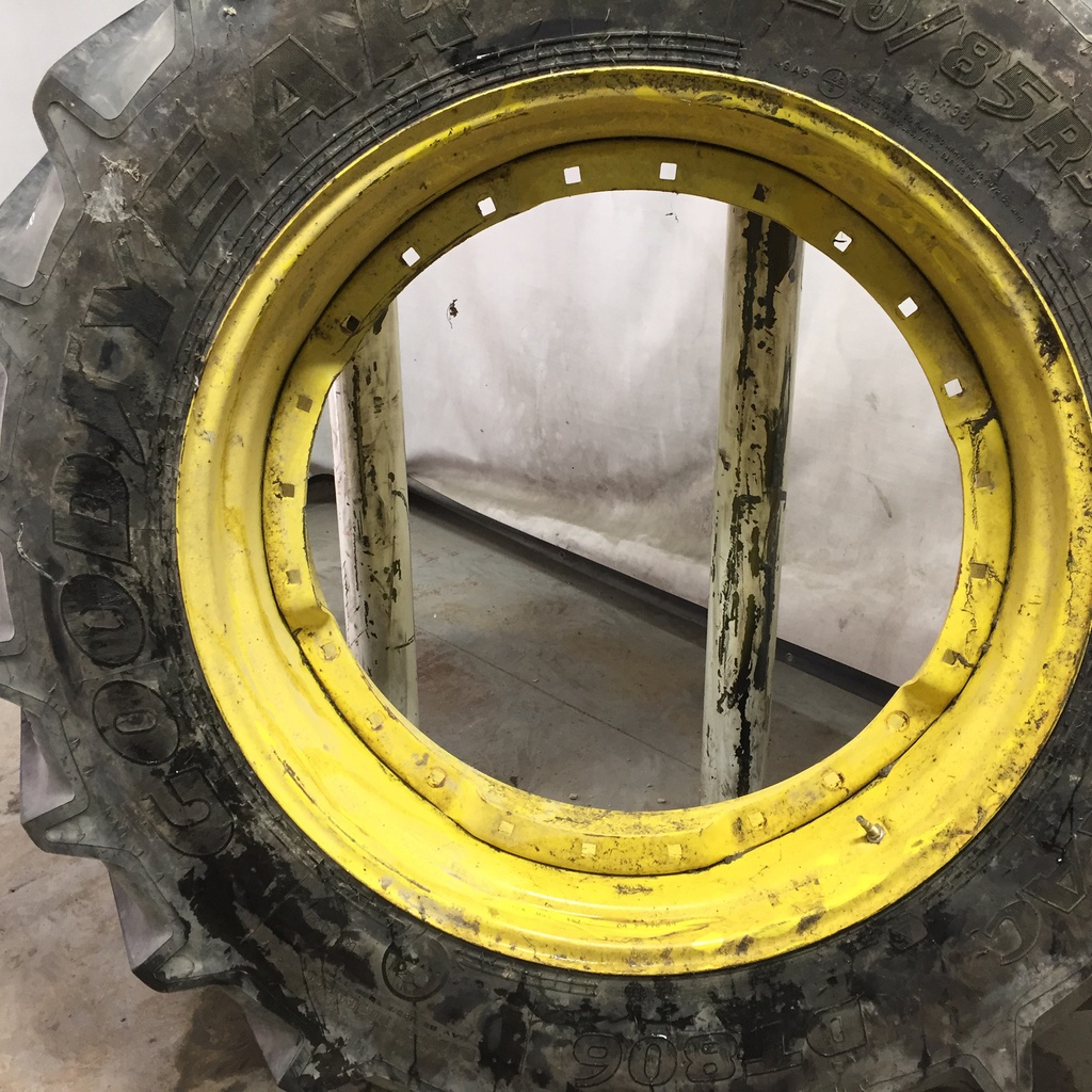420/85R34 Goodyear Farm DT806 Optitrac R-1W on John Deere Yellow 12-Hole Waffle Wheel (Groups of 3 bolts) 80%