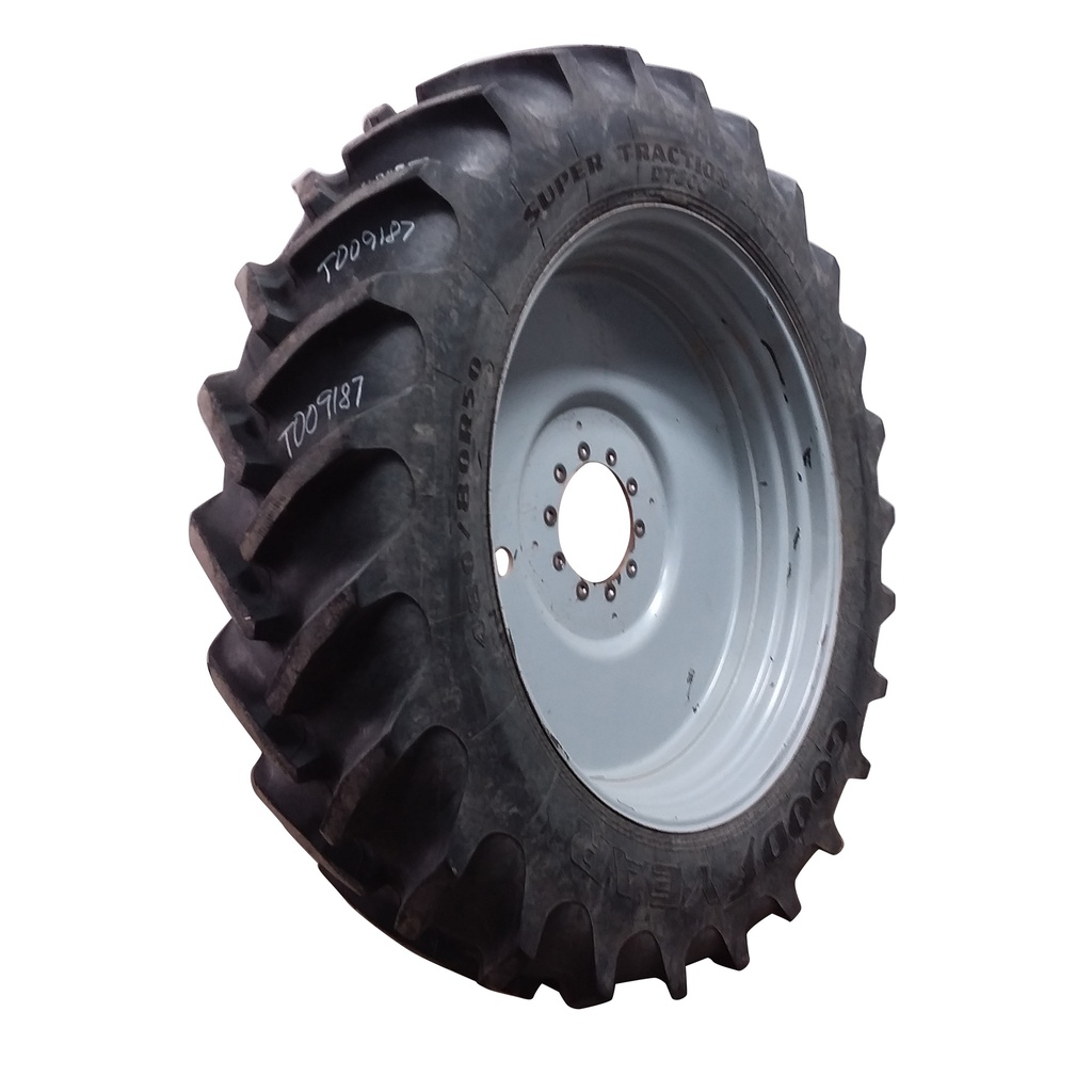 480/80R50 Goodyear Farm DT800 Super Traction R-1W on Agco Corp Gray 10-Hole Formed Plate W/Weight Holes 85%
