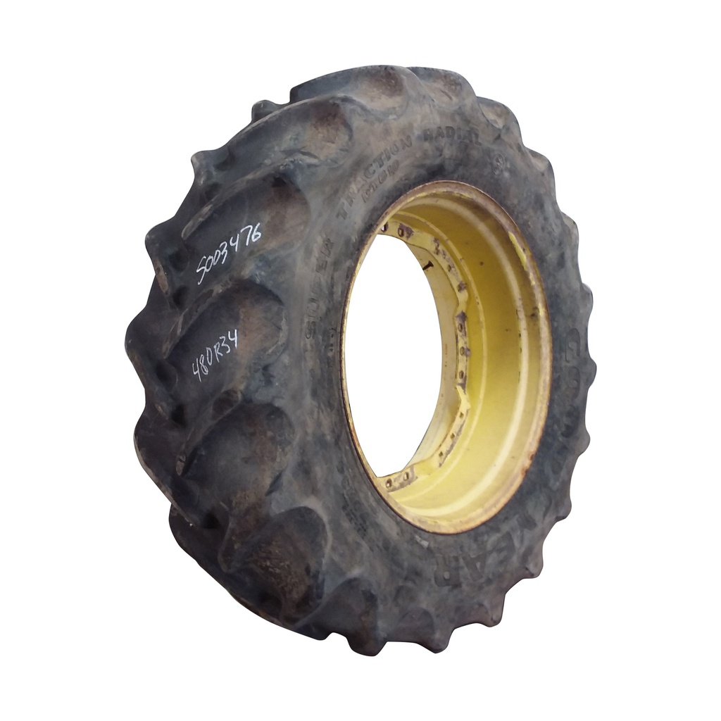 480/70R34 Goodyear Farm DT810 Super Traction R-1W on John Deere Yellow 12-Hole Waffle Wheel (Groups of 3 bolts) 55%