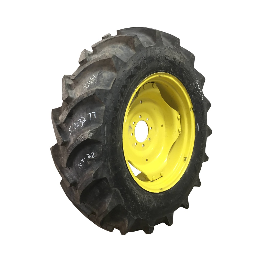14.9/-28 Galaxy AGRI Trac II R-1 on John Deere Yellow 8-Hole Rim with Clamp/Loop Style (groups of 2 bolts) 99%