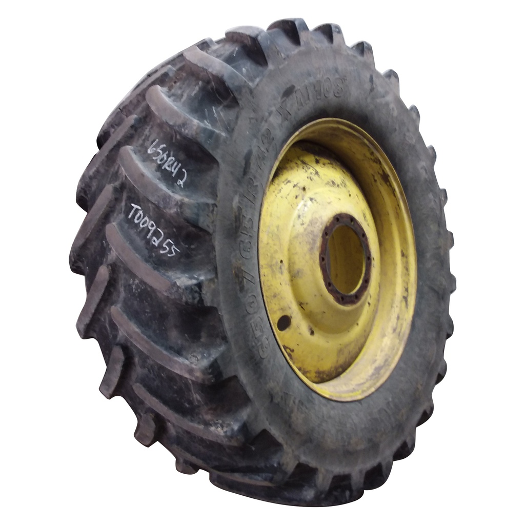 650/65R42 Michelin Multibib(XM108) R-1W on John Deere Yellow 10-Hole Formed Plate W/Weight Holes 65%