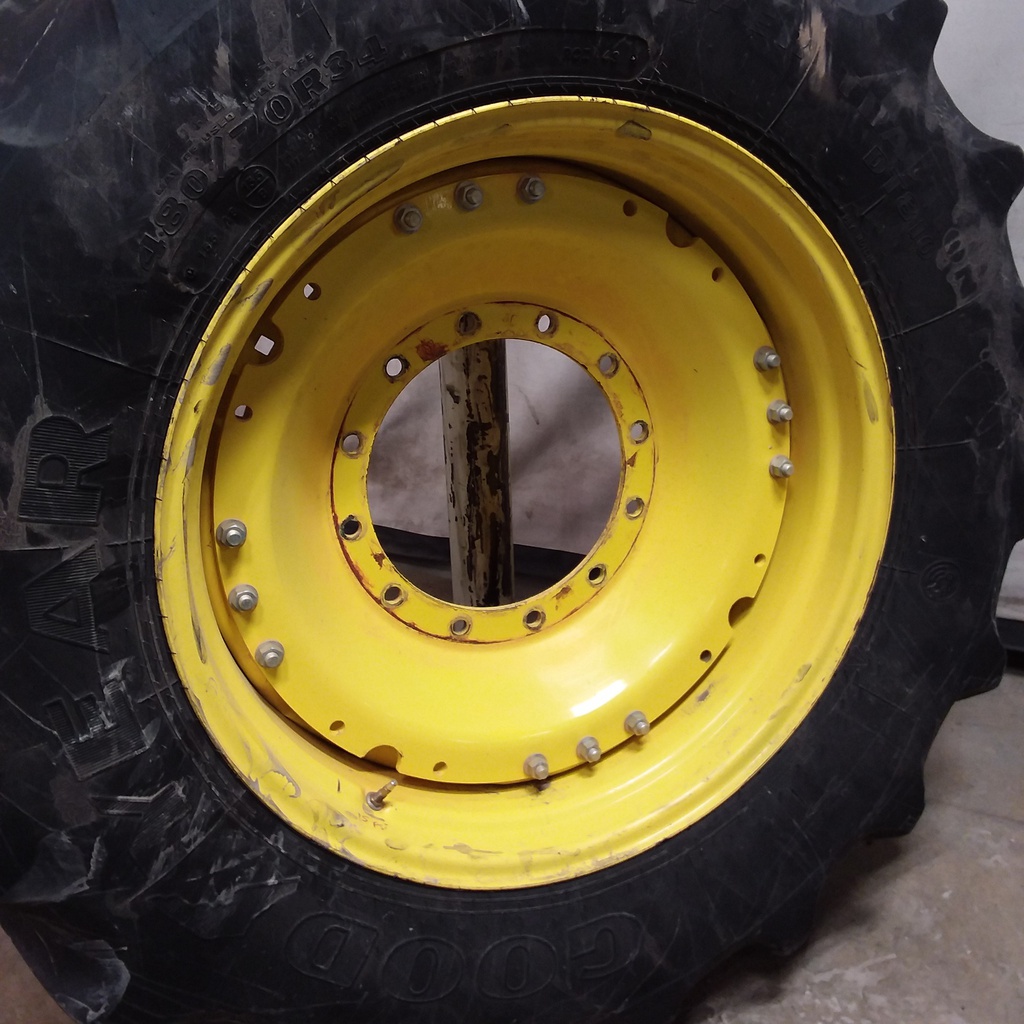 480/70R34 Goodyear Farm DT810 Super Traction R-1W on John Deere Yellow 12-Hole Waffle Wheel (Groups of 3 bolts) 60%