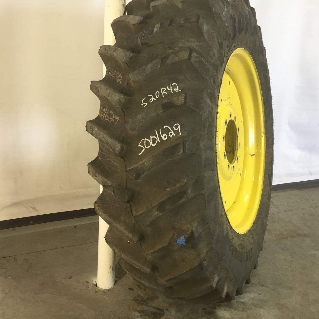 520/85R42 Firestone Radial All Traction 23 R-1 on John Deere Yellow 10-Hole Formed Plate Sprayer 99%