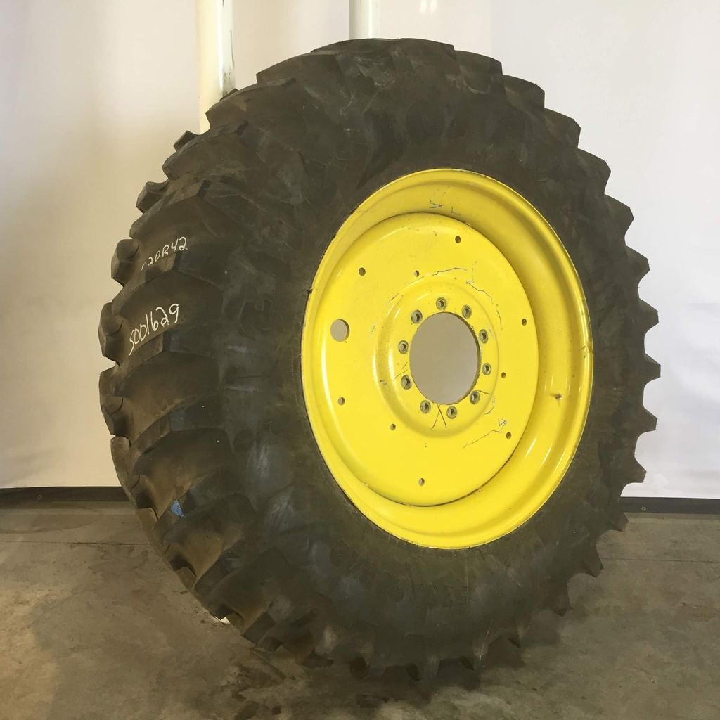 520/85R42 Firestone Radial All Traction 23 R-1 on John Deere Yellow 10-Hole Formed Plate Sprayer 99%