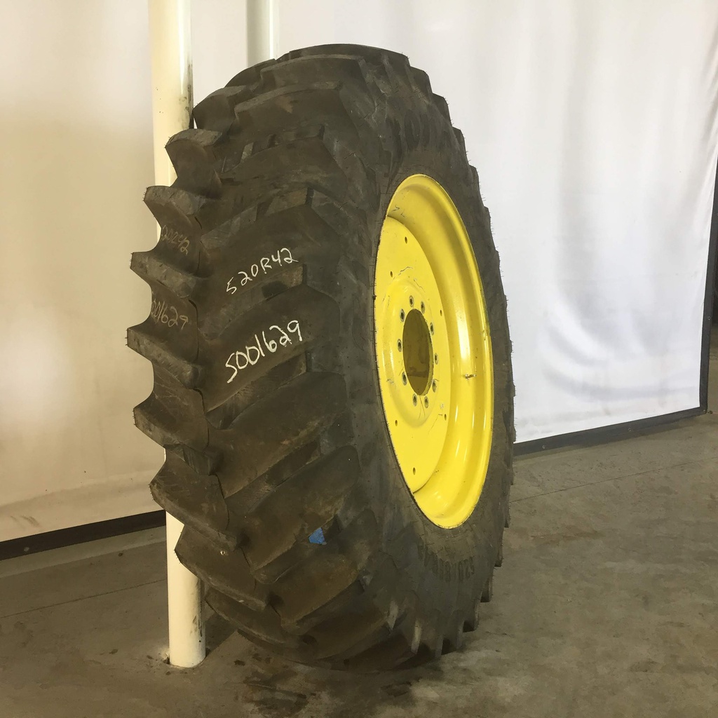 520/85R42 Firestone Radial All Traction 23 R-1 on John Deere Yellow 10-Hole Formed Plate Sprayer 99%