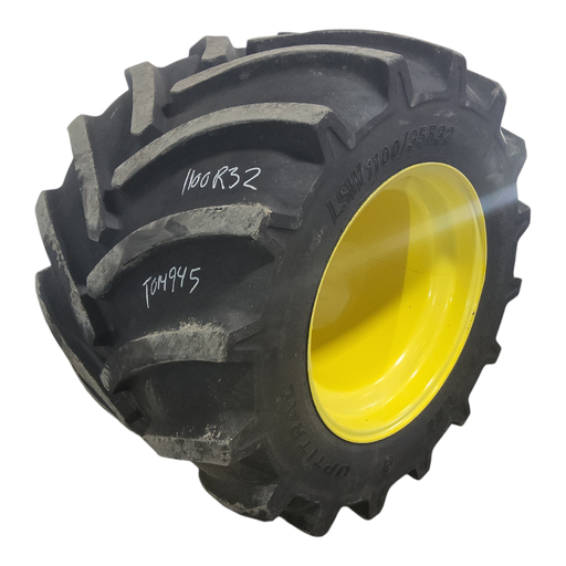 [T014945] LSW 1100/35R32 Goodyear Farm Optitrac R-1W on John Deere Yellow 12-Hole Formed Plate 75%