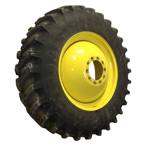 [T006883] 520/85R42 Firestone Radial All Traction 23 R-1 on John Deere Yellow 10-Hole Dolly Dual 95%
