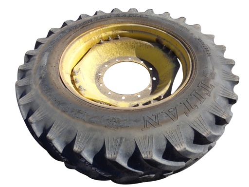 [T003758] 380/85R34 Titan Farm Hi Traction Lug Radial R-1 on John Deere Yellow 12-Hole Waffle Wheel (Groups of 3 bolts) 50%