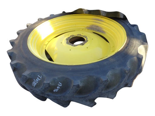 [T003885] 13.6/-46 Firestone Champion Spade Grip R-2 on John Deere Yellow 8-Hole Stub Disc 55%