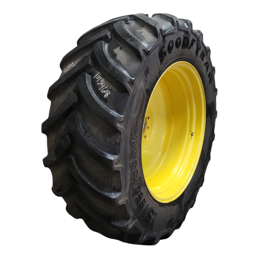 [T013469] LSW680/55R42 Goodyear Farm OptiTorque R-1 on John Deere Yellow 12-Hole Formed Plate Sprayer 75%