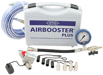 [PTG-Y-100-011] AIRBOOSTER plus Tire inflation and fast deflation set in portable carry case for manually adjusting individual tire pressure while stationary.